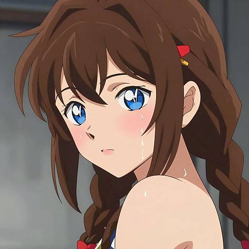 Anime-style digital drawing of a young girl with blue eyes, brown braided hair, red hair ties, and a slightly blushing, surprised expression.