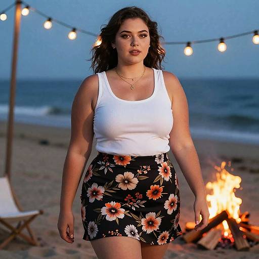 Photograph of a curvy woman with medium skin tone, dark curly hair, wearing a white tank top and black floral skirt, standing by a beach