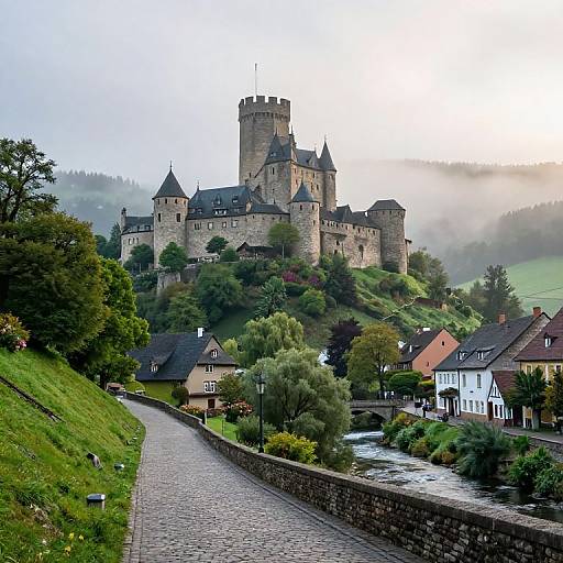 Photograph of a medieval castle atop a lush green hill, surrounded by quaint houses, a winding cobblestone path, and a misty valley.