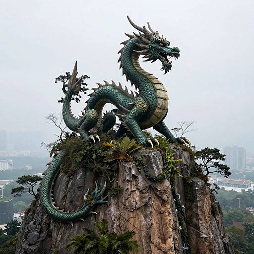 Digital art of a green, serpentine dragon with spiky scales and a golden belly perched on a rocky cliff, surrounded by sparse trees,