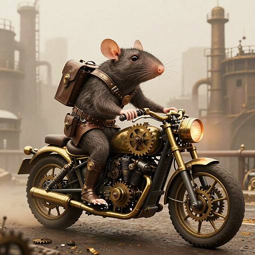 Steampunk Rat on Mechanical Motorcycle