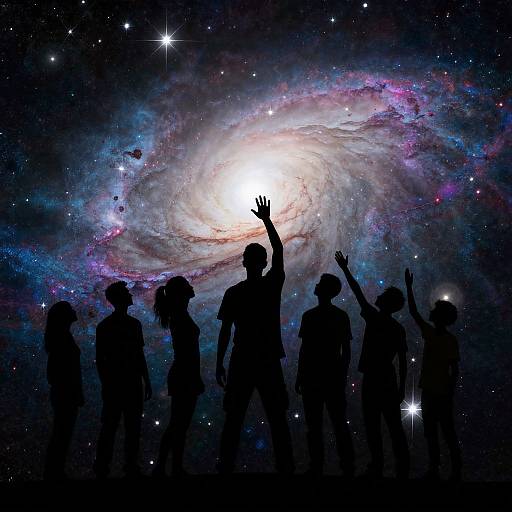 Silhouetted group of people with raised hands against a vibrant, swirling galaxy backdrop, featuring bright stars and cosmic colors. Digital artwork.