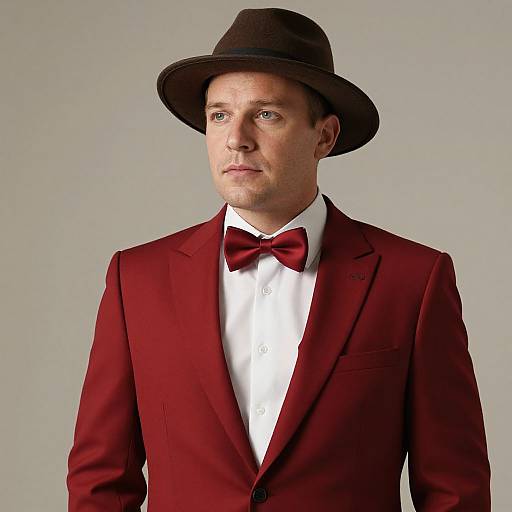 Man in Red Suit and Brown Hat