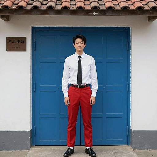 Asian Man in Costume by Blue Doors