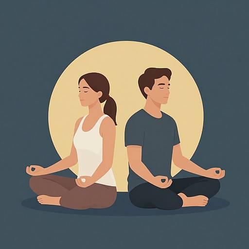 Digital illustration of a brown-haired woman in a white tank top and brown pants, and a brown-haired man in a blue t-shirt, both sitting cross