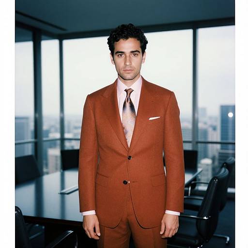 Photograph of a man with curly black hair, light skin, wearing a brown suit, white shirt, and pink tie, standing in a modern,