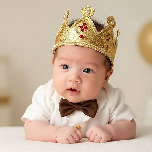 Photograph of a baby with fair skin, blue eyes, wearing a gold crown and white shirt with brown bow tie, leaning on a white surface,