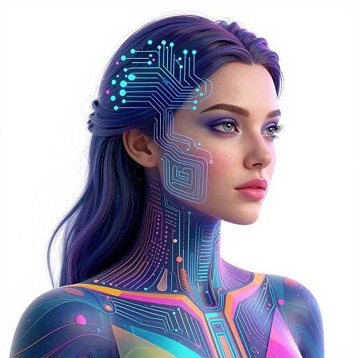 Digital art of a cybernetic woman with glowing blue circuitry on her face and hair, wearing a colorful, patterned outfit, against a white