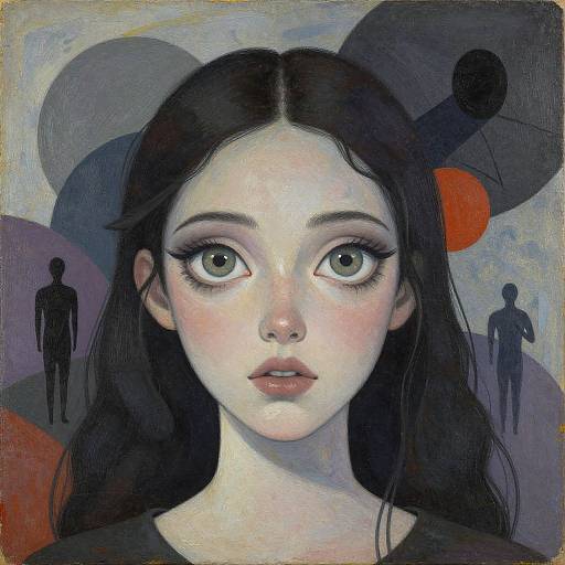 Digital painting of a pale, wide-eyed young woman with black hair, large eyes, and pink lips, surrounded by abstract dark shapes and silhouet