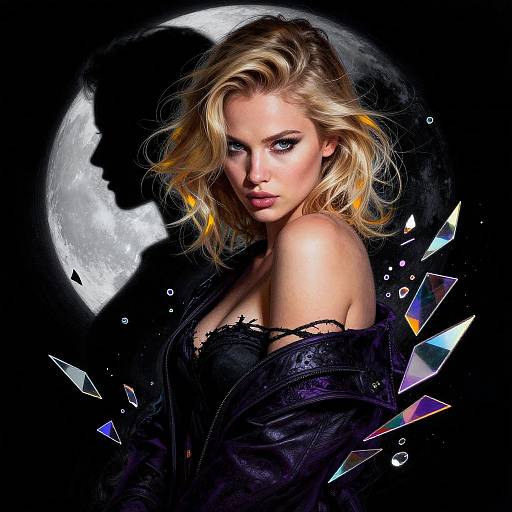 Digital artwork of a blonde, blue-eyed woman with intense gaze, wearing a black lace top and leather jacket, against a moonlit background with geometric crystal
