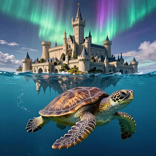 Photograph-like CGI: A detailed sea turtle swims underwater in front of a majestic, castle-like structure with vibrant aurora borealis in the night sky