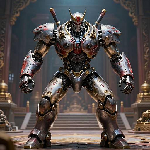 Digital CGI image of a powerful, metallic, humanoid robot with red accents, standing in a grand, ornate, dimly-lit hall.
