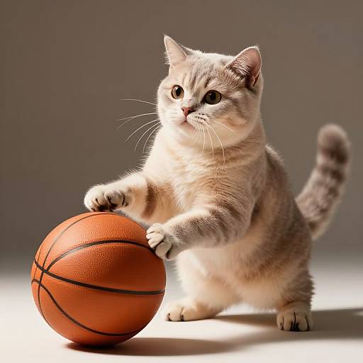 Photograph of a cute, grey-striped kitten with white patches, standing on its hind legs and touching a basketball with its front paws. Bright,