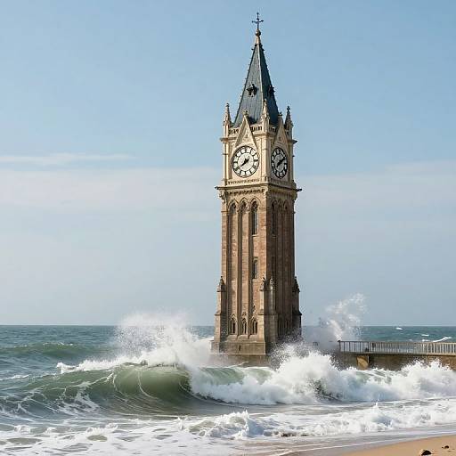 Photograph of a tall, gothic-style clock tower standing in turbulent ocean waves, with white foam crashing against its base. Clear blue sky in the