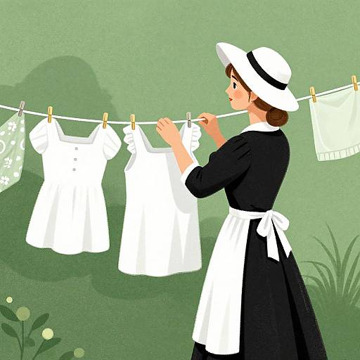 Digital illustration of a woman in a black dress and white apron, white hat, hanging white dresses and fabric on a clothesline. Green background.