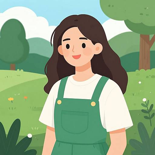 Digital drawing of a smiling young woman with long black hair, wearing a green dress over a white shirt, in a sunny, green countryside with trees and