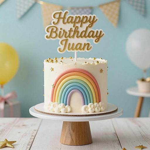 Photograph of a rainbow-decorated birthday cake with 