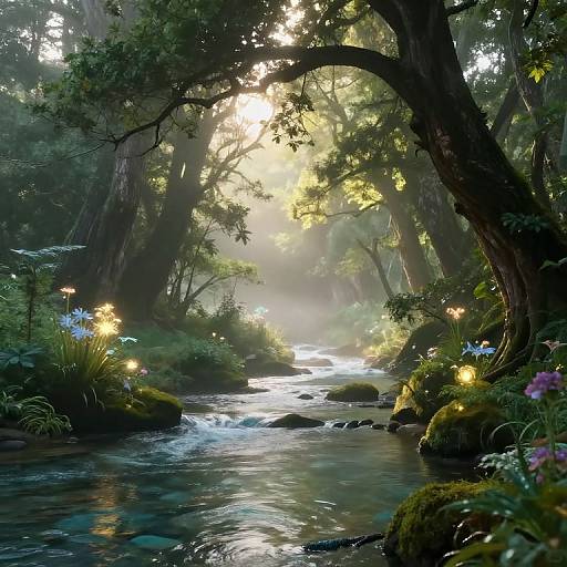 Enchanting digital forest scene: sunlight filters through towering trees, illuminating a sparkling, mossy creek with glowing flowers and soft lights.