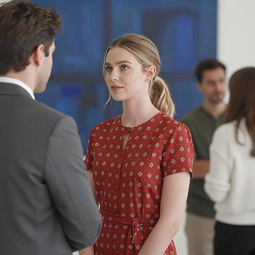 Woman in Red Dress Conversing with Man in Gray Suit