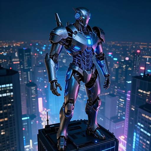 CGI image of a glowing blue and black humanoid robot standing on a skyscraper rooftop, overlooking a cityscape with neon lights. Cyberpunk style.