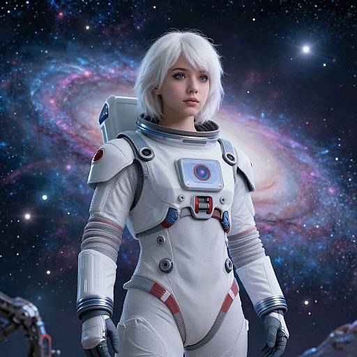 Photorealistic CGI of a young woman with white hair in a white astronaut suit, standing in space with a vibrant, colorful galaxy background.