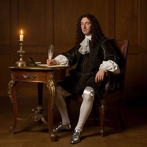 Photograph of a 17th-century man with long curly black hair, wearing a black velvet suit, white lace cravat, white stockings,