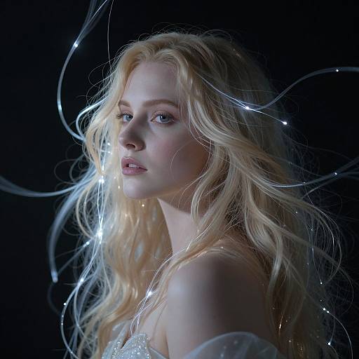 Photograph of a blonde woman with wavy hair, illuminated by glowing white fairy lights, against a dark background, looking intently forward.