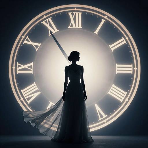 Silhouetted bride in flowing gown stands before large, glowing clock face with Roman numerals, backlit, creating dramatic, ethereal effect.