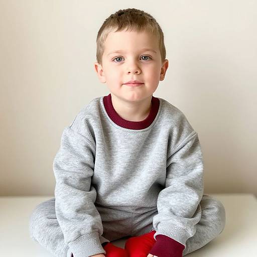 Boy in Grey Sweatshirt and Red Socks