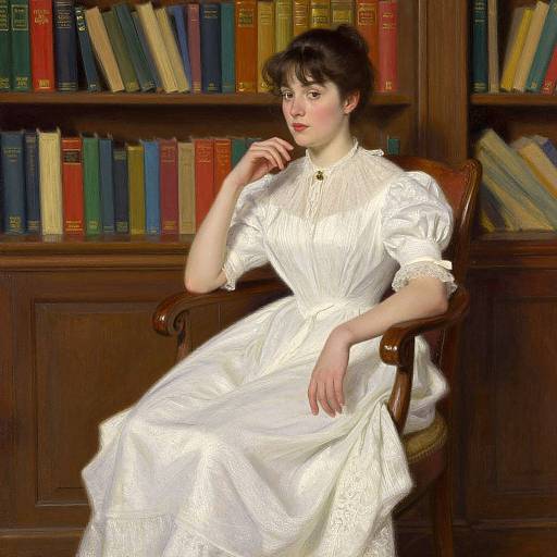 Victorian-style painting of a fair-skinned woman with dark hair, wearing a white lace dress, sitting in a wooden library chair, surrounded by colorful