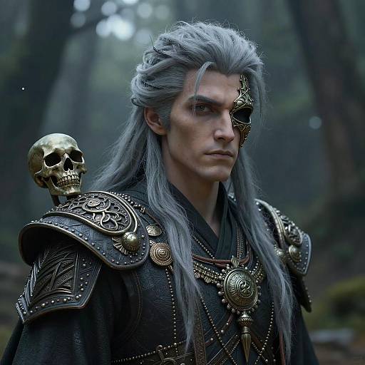 Fantasy Warrior with Half Skull Mask in Forest