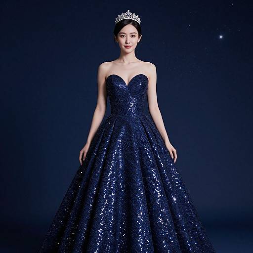 Photograph of an Asian woman in a strapless, navy blue, sequined ball gown with a sweetheart neckline, wearing a silver tiara, standing