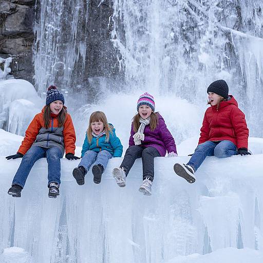 Photograph of four children in winter clothing, sitting on ice formations in front of a cascading waterfall, smiling and laughing.