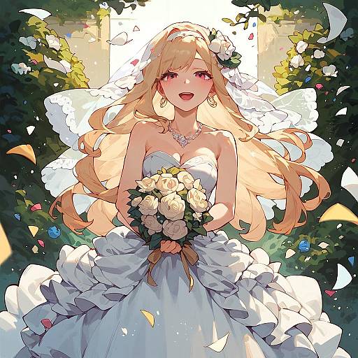 Digital anime-style drawing of a blonde bride with long hair, wearing a white strapless wedding dress, holding a bouquet of white roses, surrounded by glowing