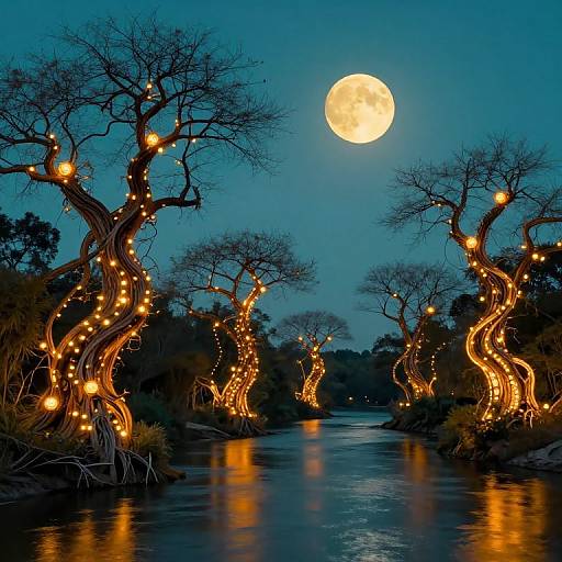 Photograph of a twilight forest scene with twisted, leafless trees adorned with glowing fairy lights, reflecting on a calm river, under a bright, full