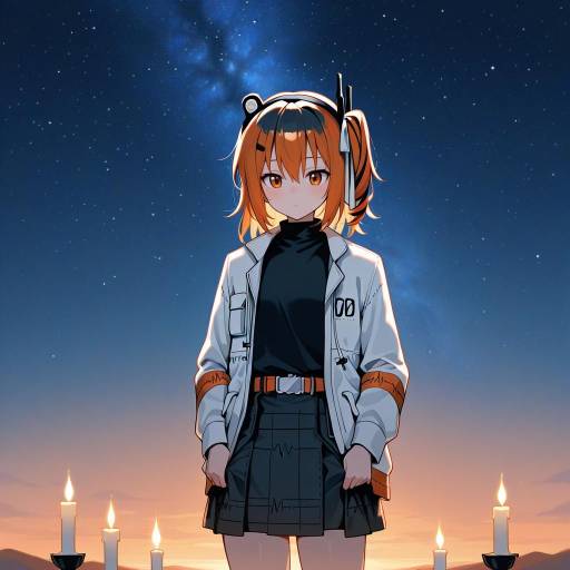 Anime Girl with Orange Hair Under Starry Sky