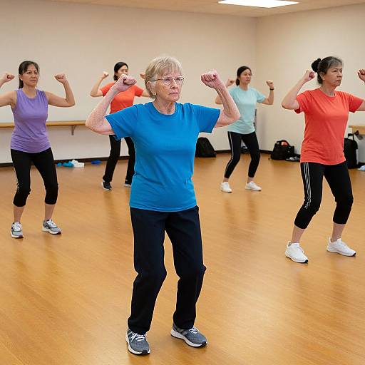 Photograph of an elderly woman with short gray hair and glasses, leading a fitness class in a brightly lit gym, wearing a blue shirt and black pants