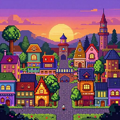 Pixel art of a colorful, whimsical village at sunset, featuring vibrant houses, a tower, archway, and a glowing sun over mountains.
