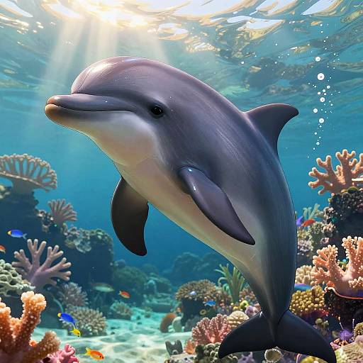 Photograph of a sleek, grey dolphin swimming gracefully through a vibrant, sunlit coral reef, surrounded by colorful fish and diverse coral formations.