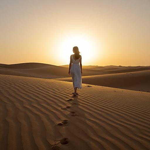Silhouetted woman in white dress walks through golden desert sand dunes at sunset, with sunlight casting long shadows behind her.