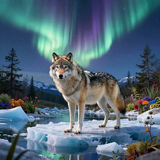 Regal Arctic Wolf Beneath the Aurora
