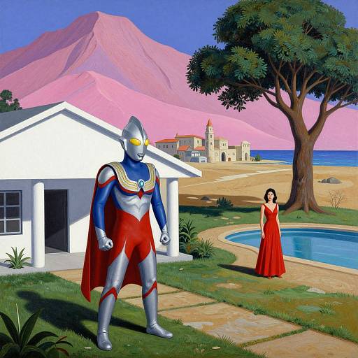 Digital artwork of Silver Surfer standing in front of a white house, with a red-dressed woman by a pool, pink mountains, and a beach