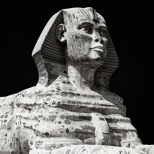 Black-and-white digital image of an Egyptian-style stone statue with hieroglyphics covering its surface, against a solid black background.