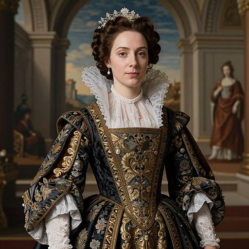 Photorealistic portrait of a 17th-century European woman in an elaborately embroidered black and gold gown with white lace collar, wearing a silver ti