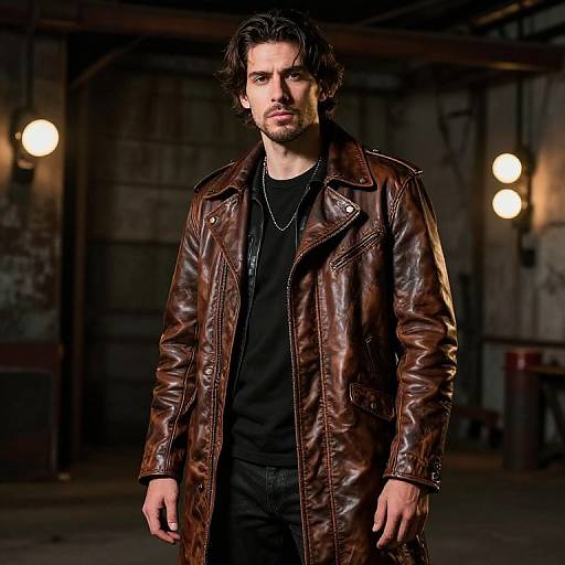 Photograph of a serious-looking man with wavy brown hair, wearing a brown leather jacket over a black shirt, standing in a dimly lit industrial
