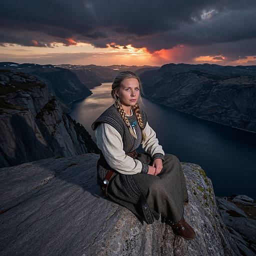 Photograph of a young woman with braided hair, dressed in medieval-style clothing, sitting on a rocky cliff overlooking a dark, serene lake at sunset