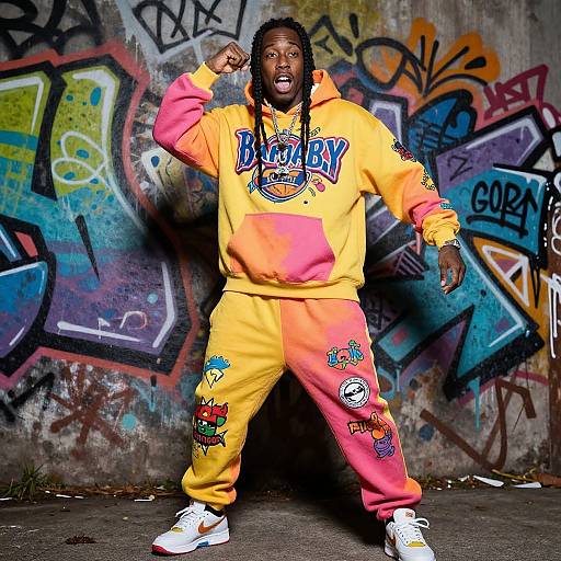 Photograph of a Black man with dreadlocks, wearing a vibrant yellow and pink 