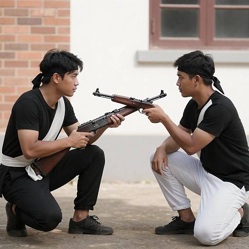 Intense Outdoor Scene with Two Crouching Men