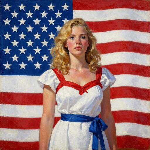 Photograph-style painting of a blonde woman in a white dress with red trim and blue belt, standing in front of a large, colorful American flag.