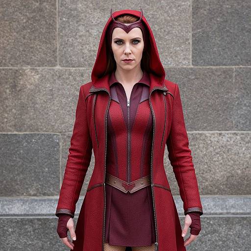 CGI image of a serious woman with pale skin, red hooded coat, and brown dress, standing against a grey stone wall.
